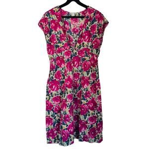 Garnet Hill Women's Pink Floral 100% Cotton V Neck Cap Sleeve Dress Size 8